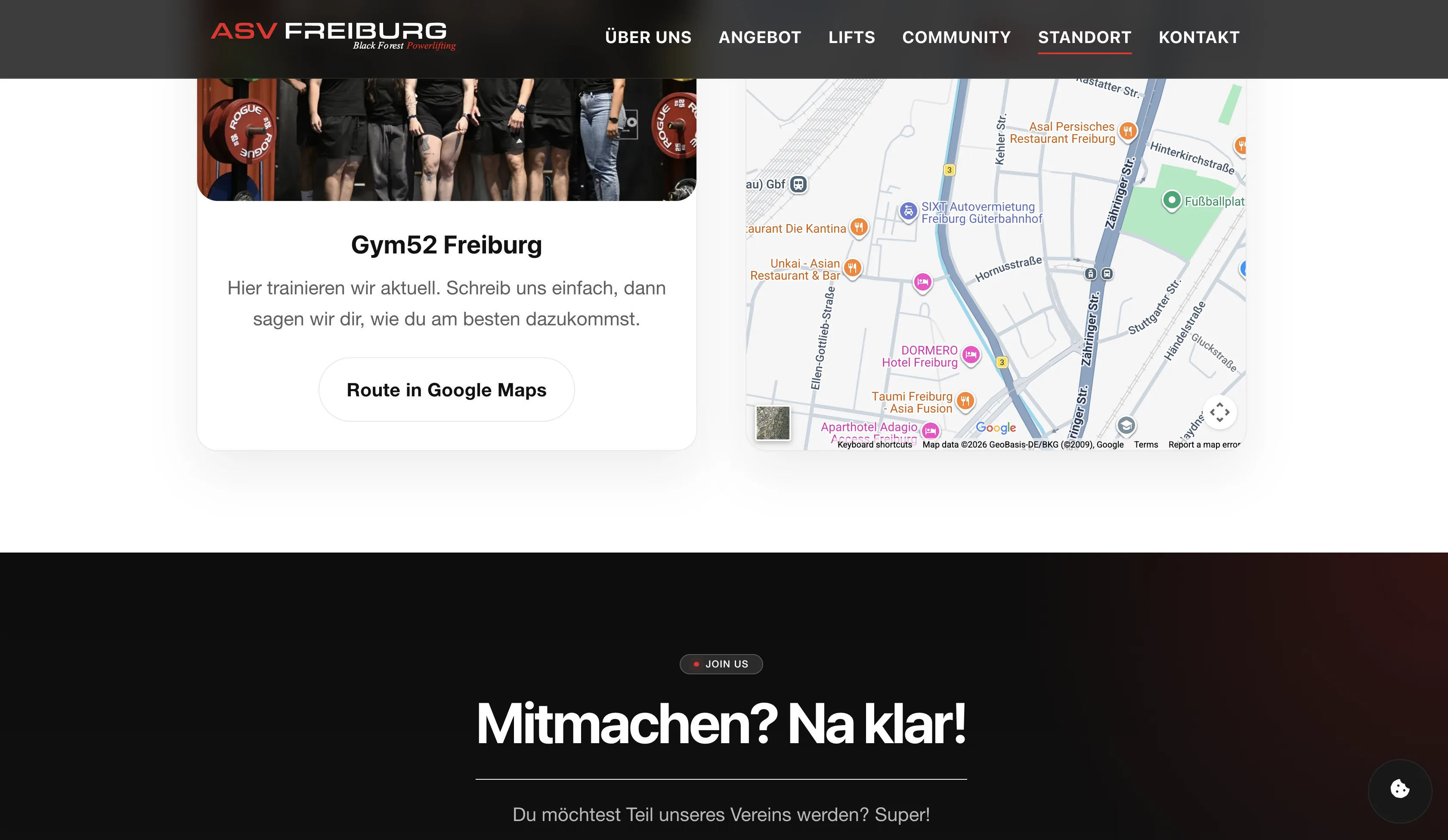 Location and join section on the ASV Freiburg website
