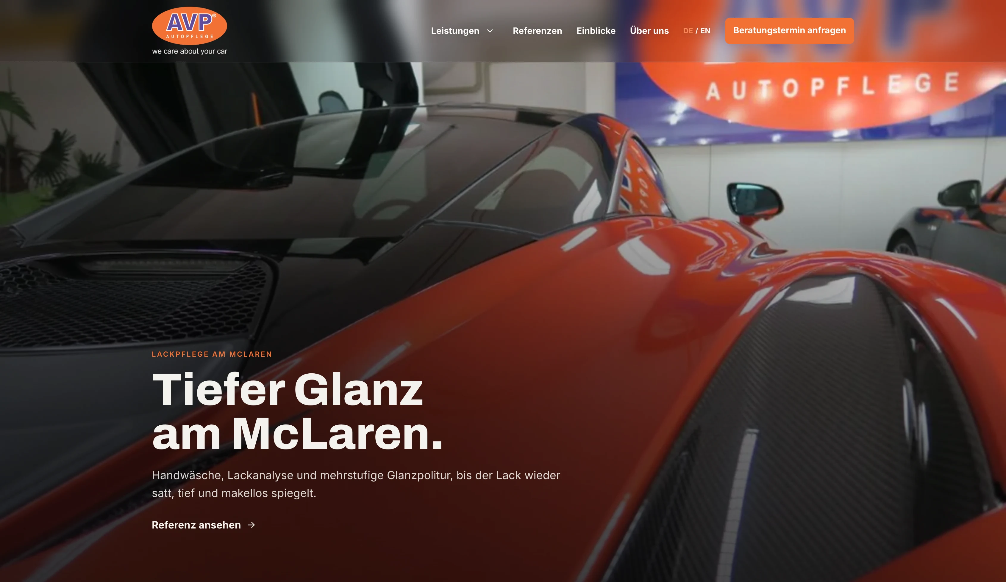 Full-Bleed-Referenz von AVP Autopflege mit einem McLaren