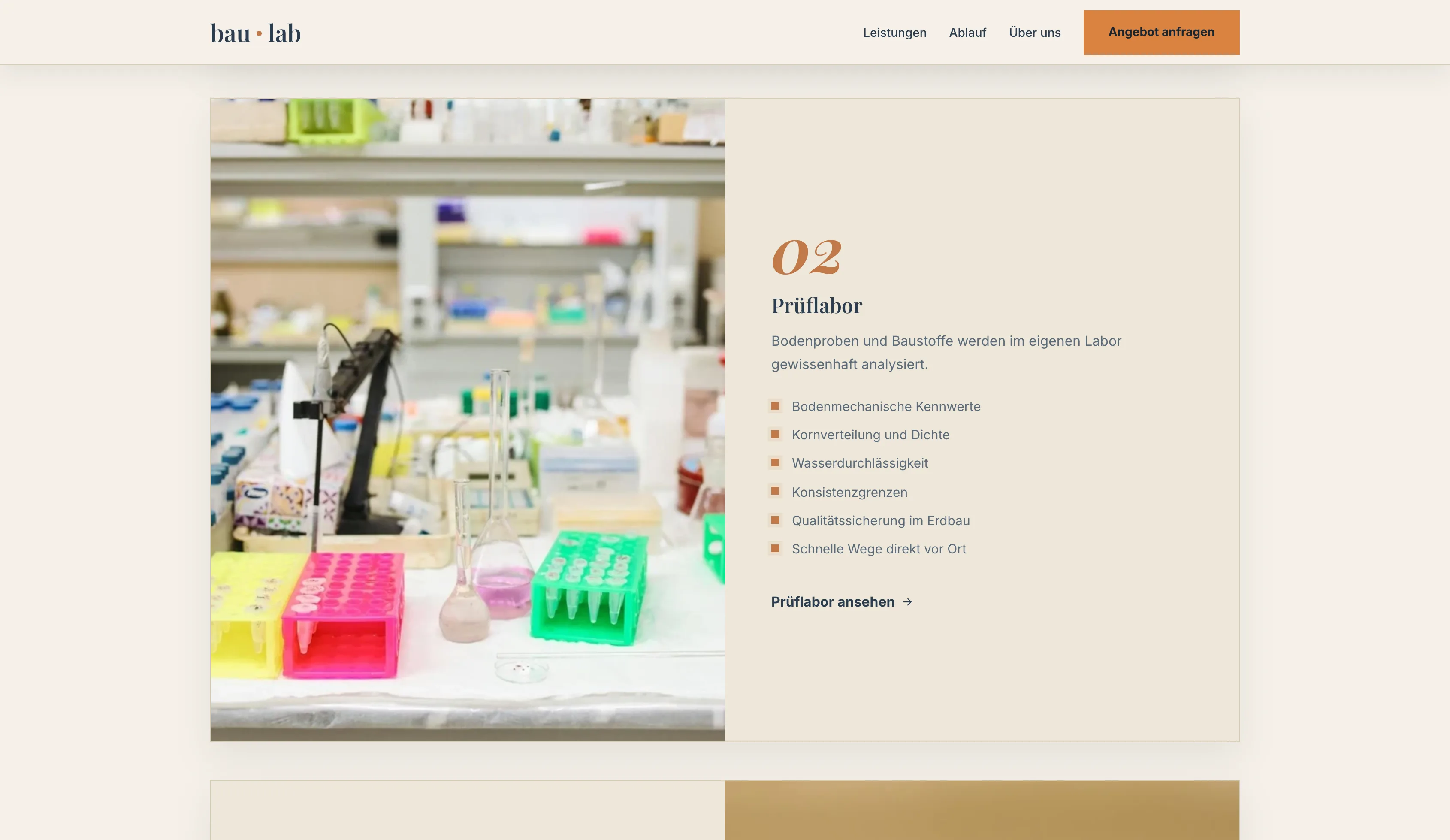 Leistungsbereich Prüflabor auf der Baulab Website