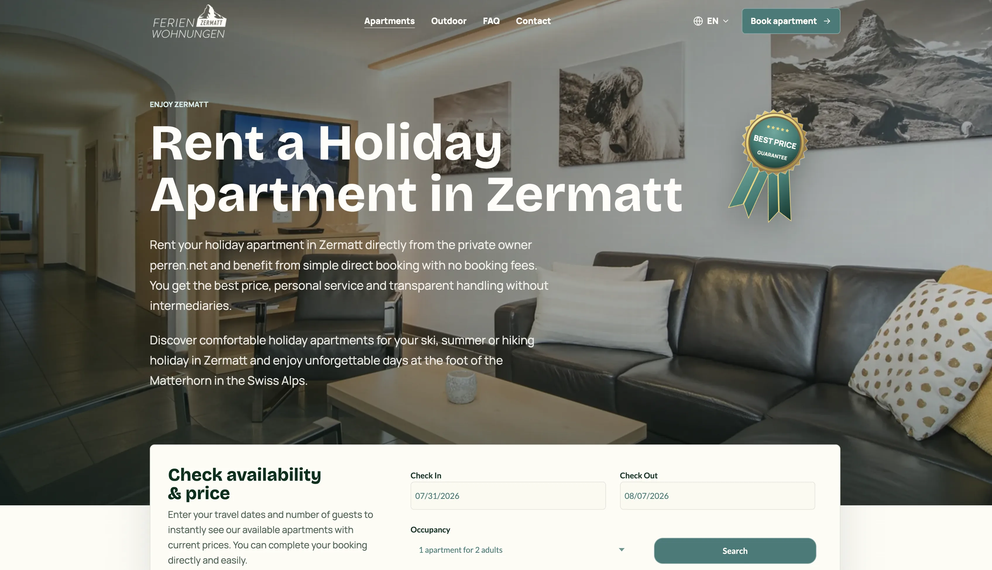 English homepage of Holiday Apartments Zermatt with direct booking