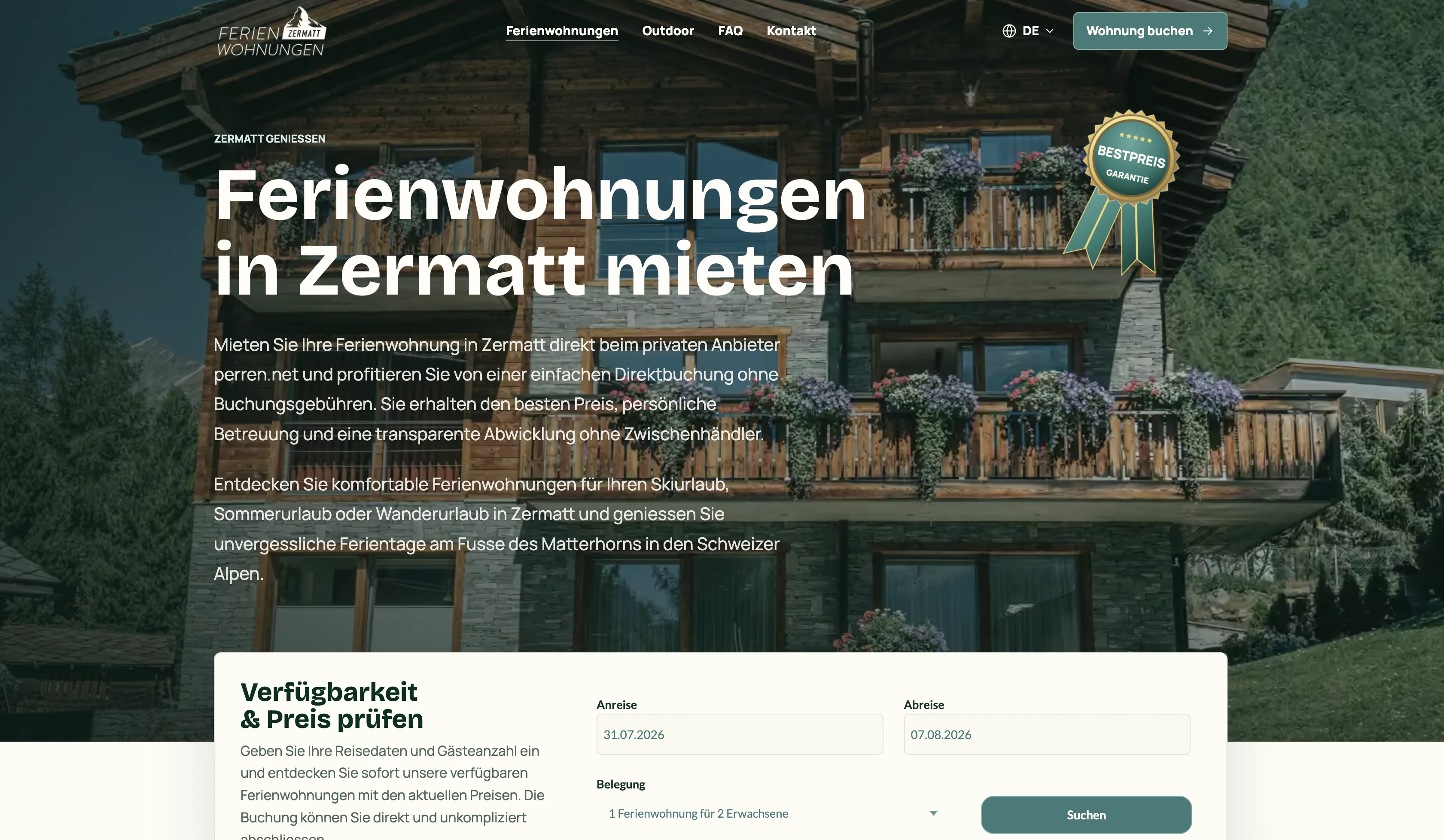 Startseite von Ferienwohnungen Zermatt mit Direktbuchung