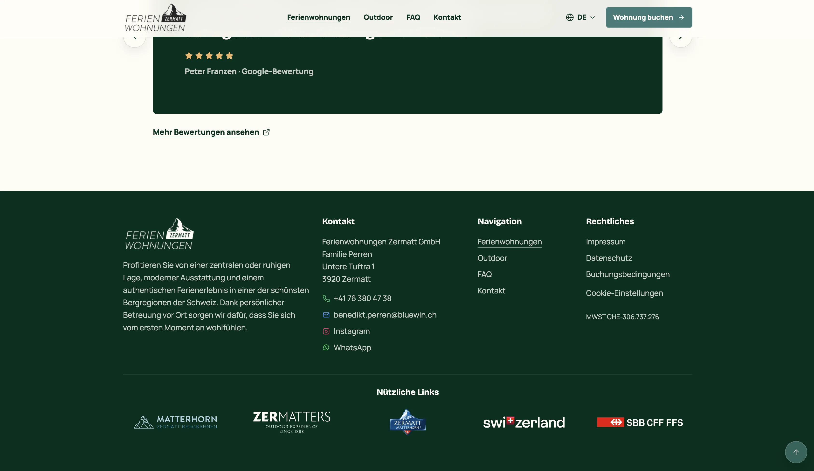 Bewertungen, Kontakt und Footer von Ferienwohnungen Zermatt
