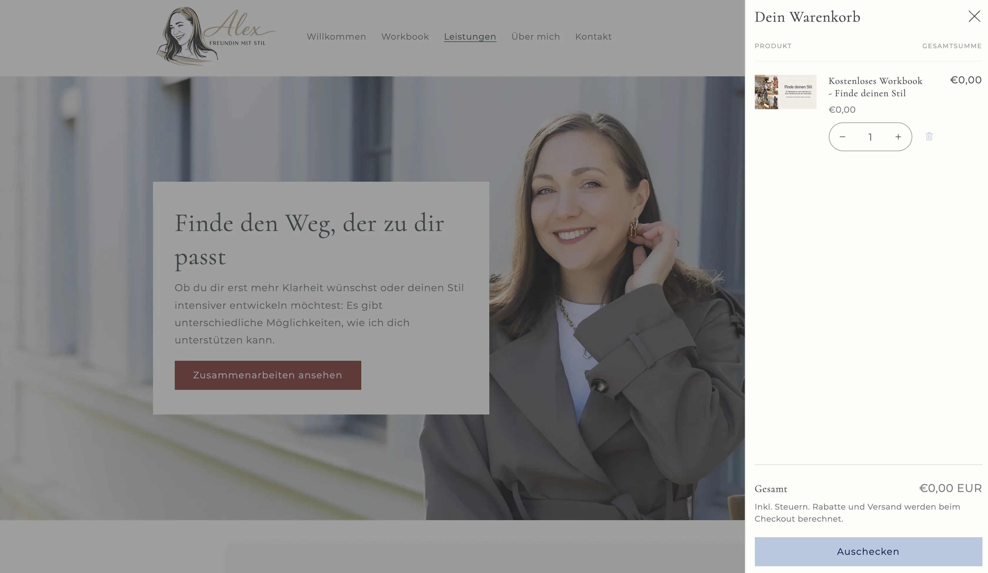 Cart and services section on the Alex - Freundin mit Stil website