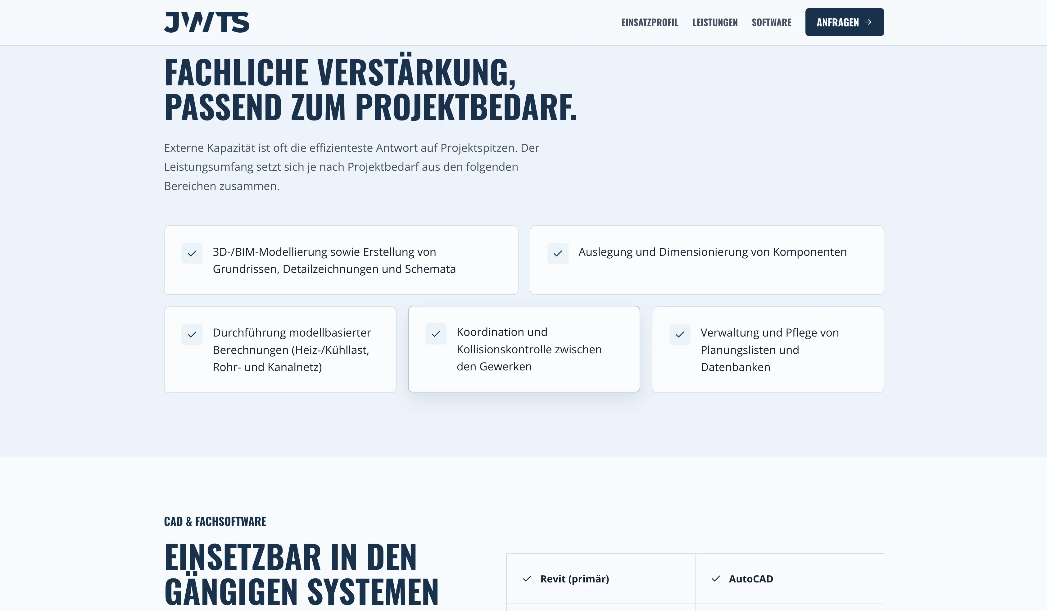 Services and software sections of the JWTS Systemplanung landing page