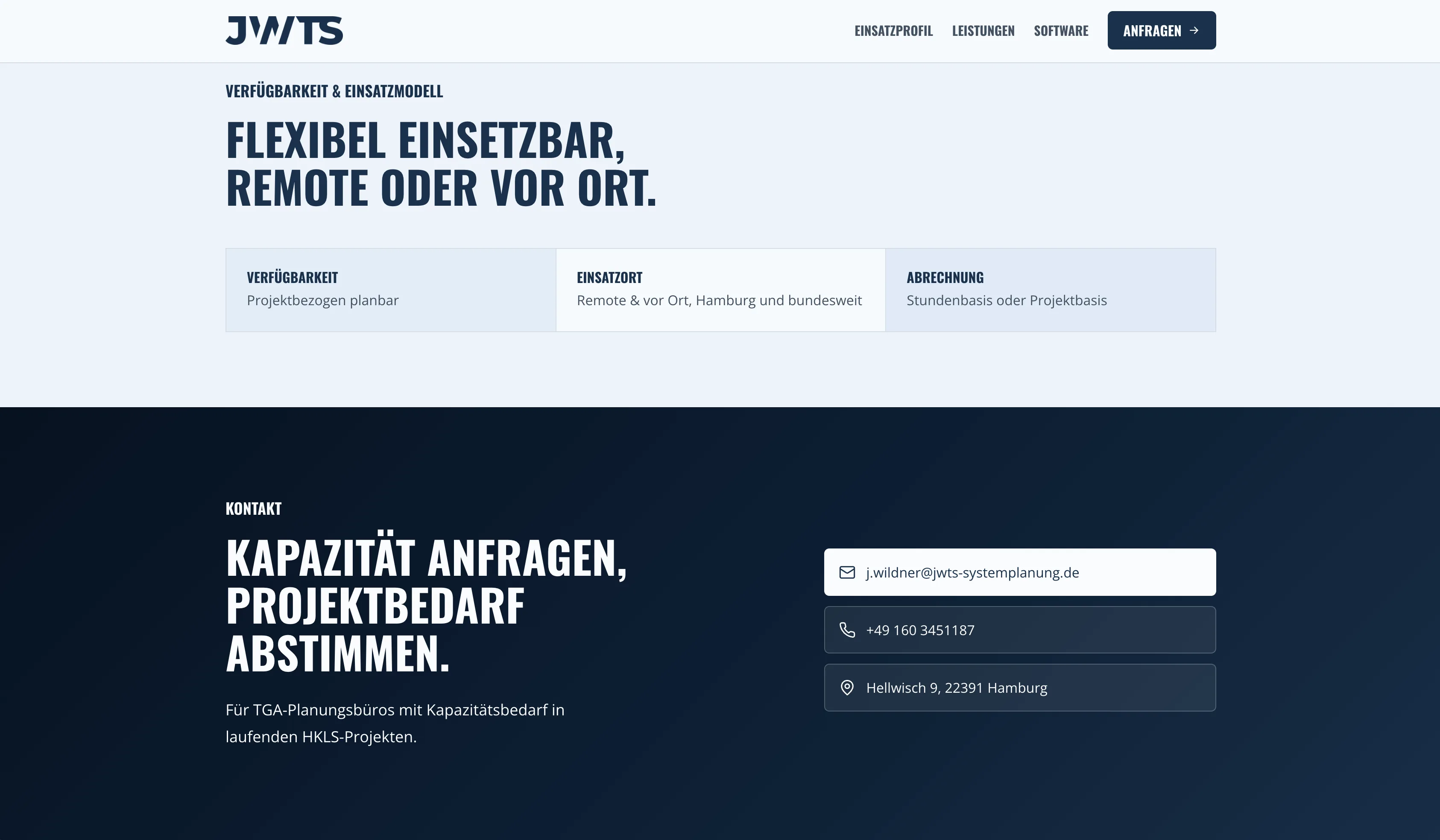 Availability and contact section of the JWTS Systemplanung landing page