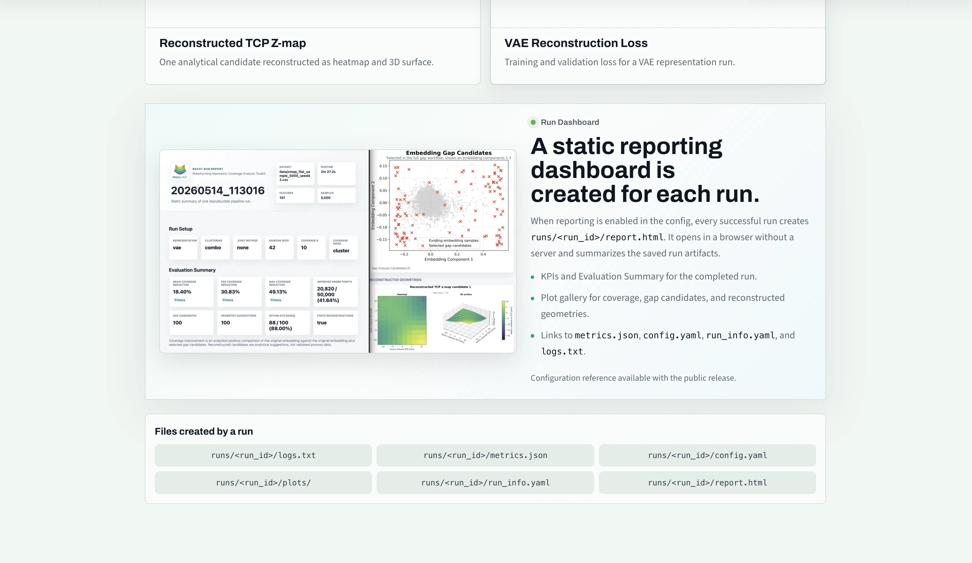 Static RGCAT reporting dashboard with metrics and analysis plots