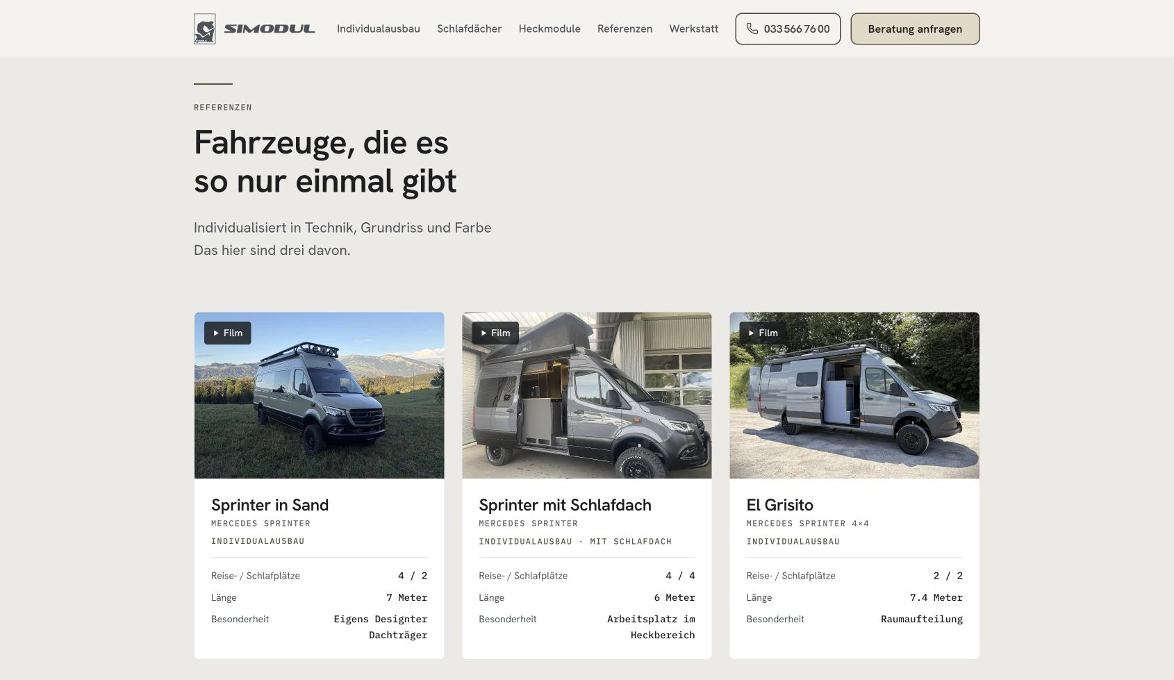 Fahrzeugreferenzen auf der Simodul Website mit drei individuellen Sprinter-Ausbauten