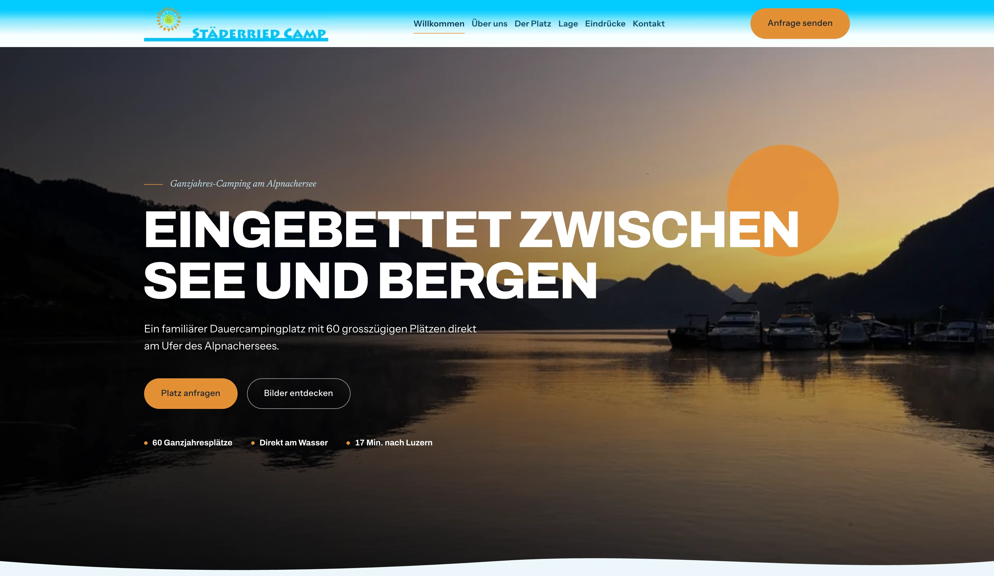 Startseiten-Hero von Städerried Camp mit Sonnenaufgang am Alpnachersee