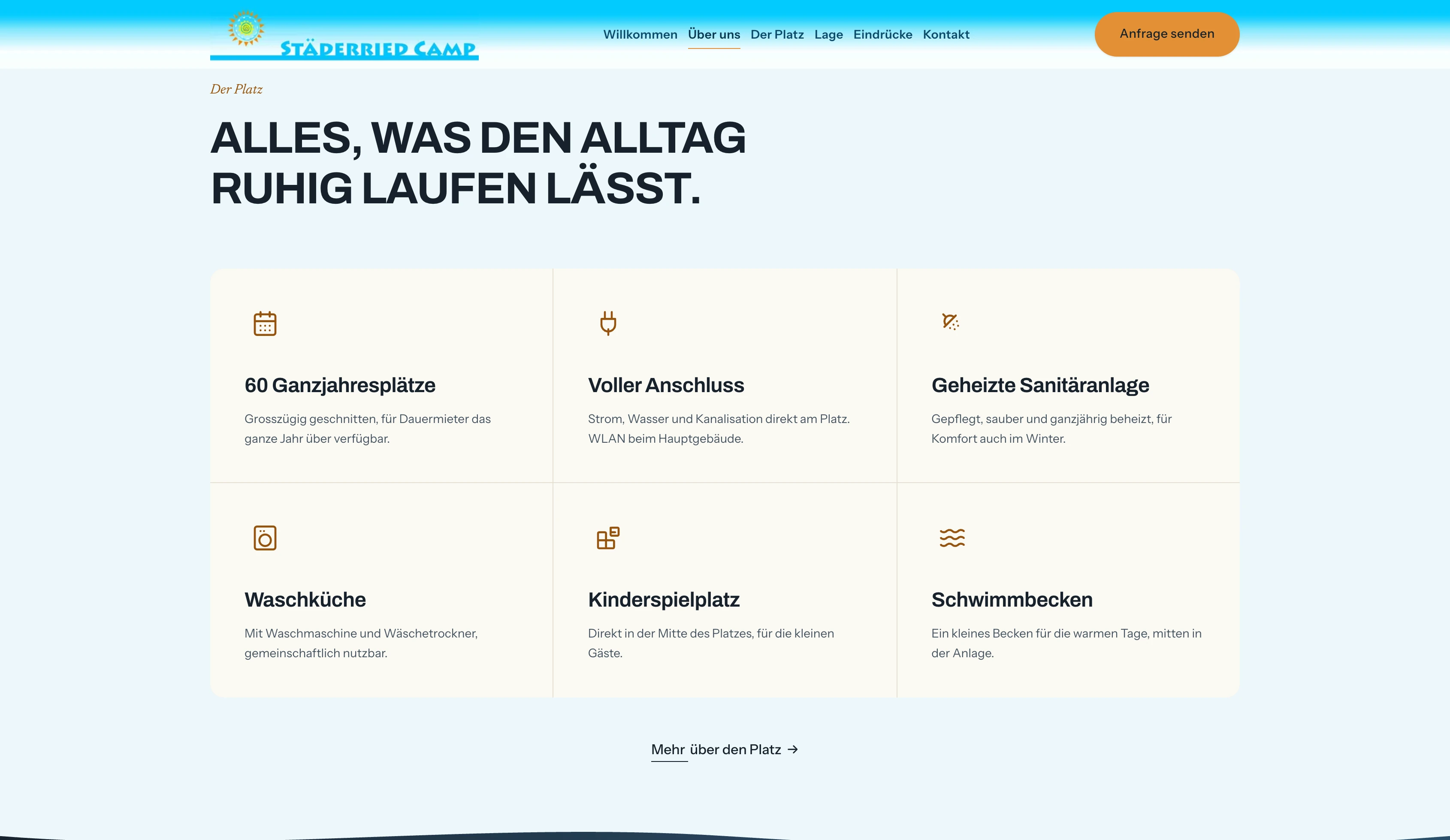 Ausstattungsübersicht von Städerried Camp mit sechs Bereichen