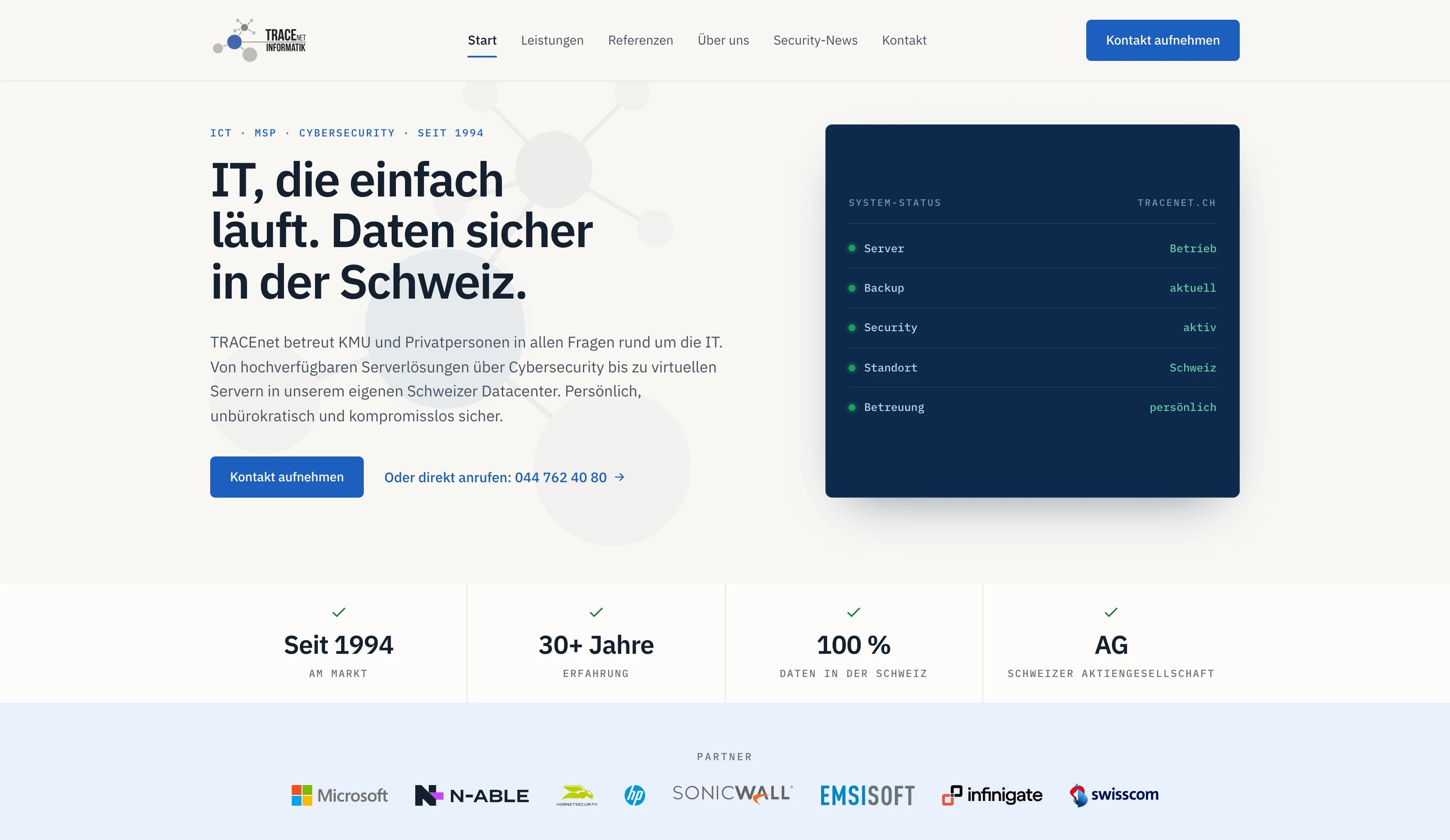 Hero der Website von TRACEnet Informatik AG mit Partnerlogos