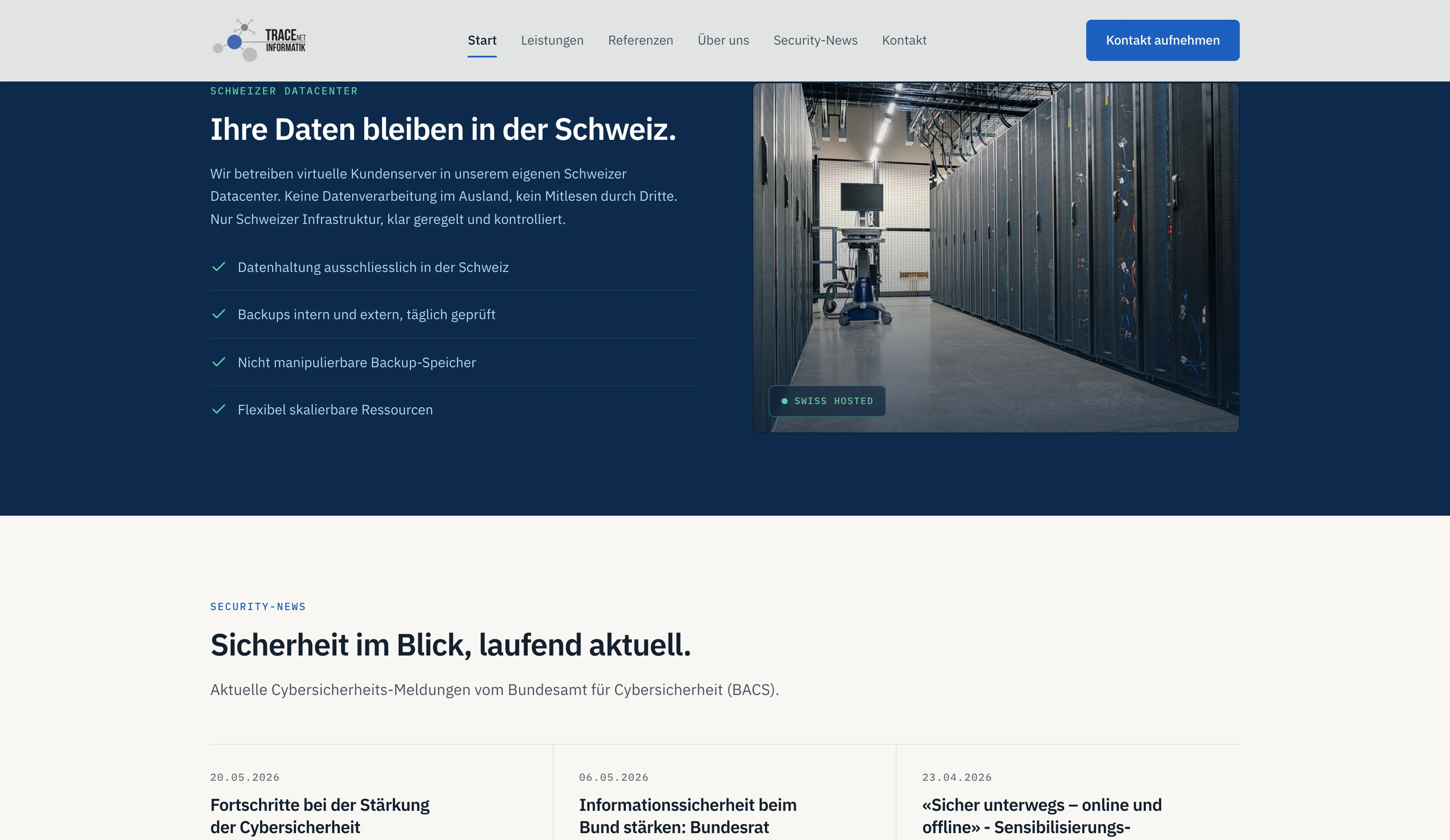 Schweizer Datacenter auf der Website von TRACEnet Informatik AG