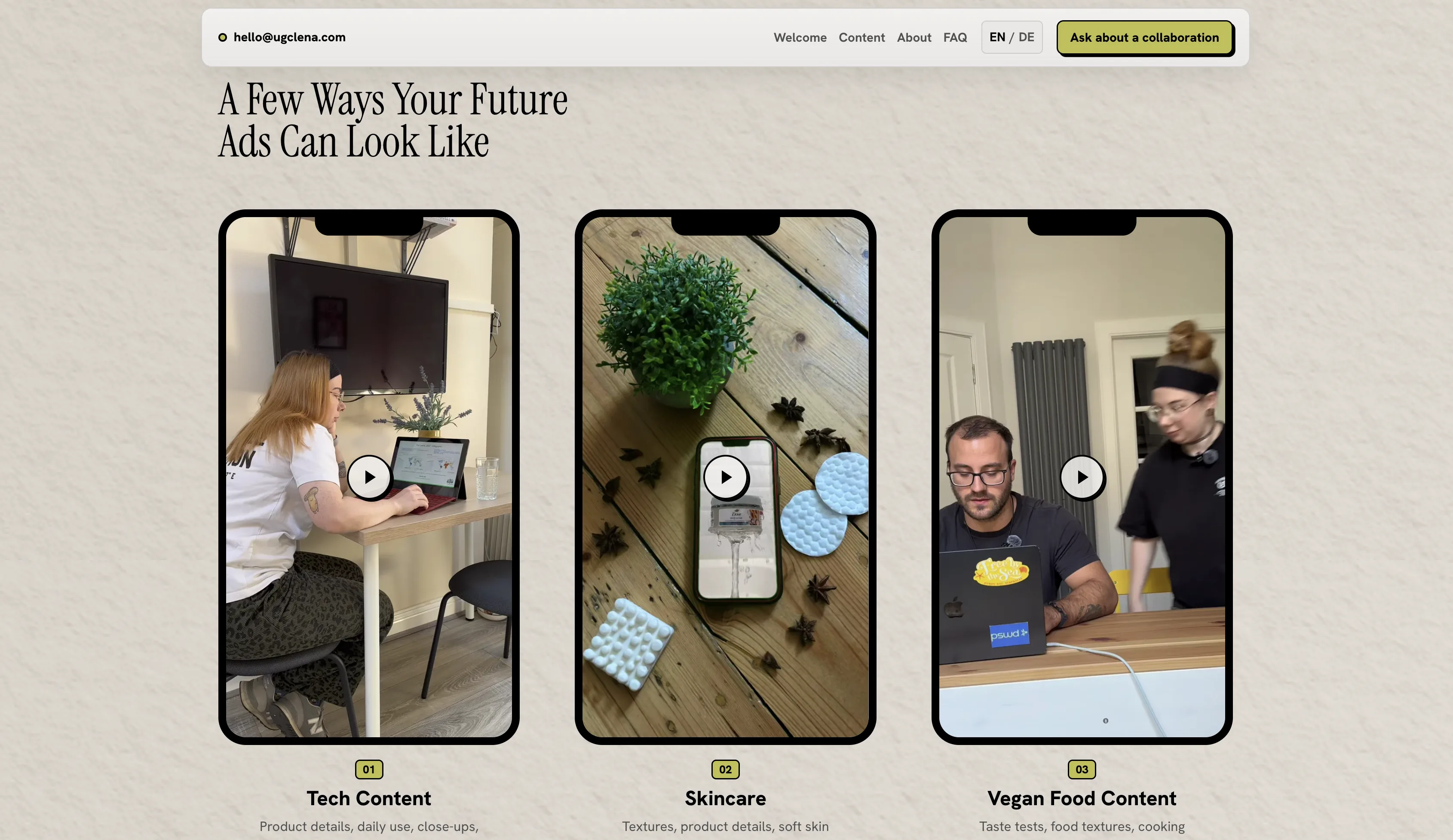 Content examples on the UGC Lena website