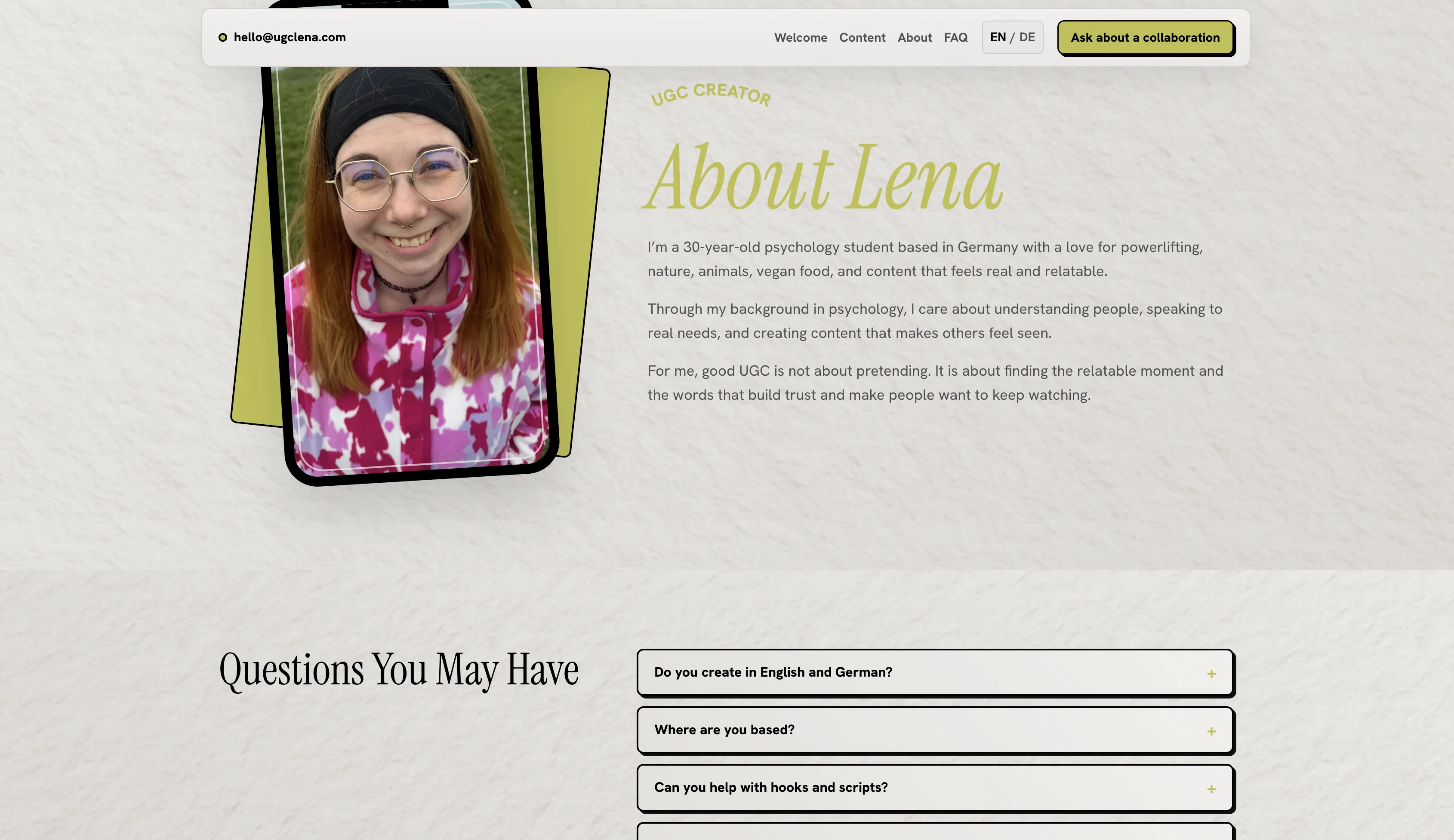About Lena and FAQ section on the UGC Lena website