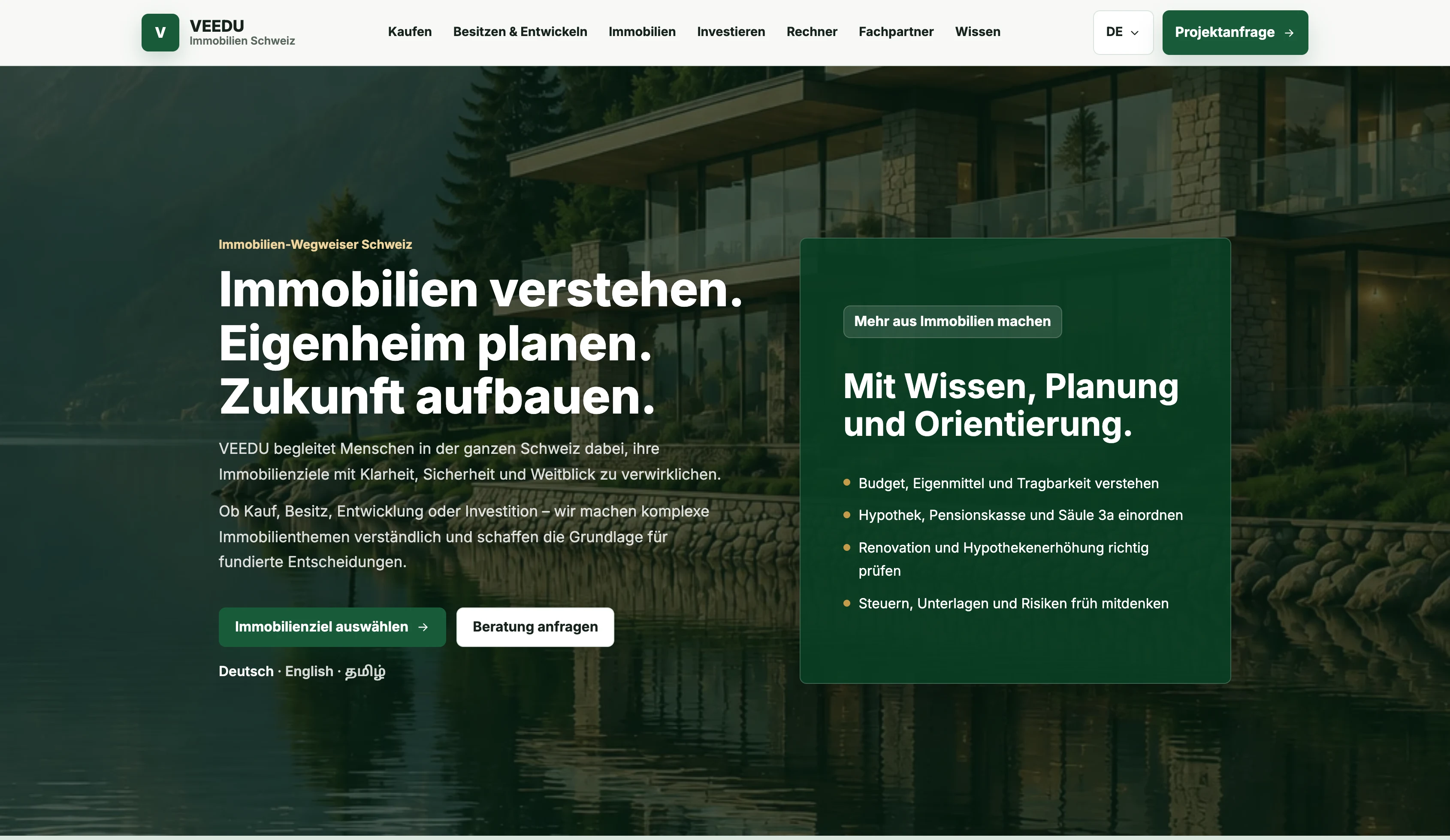 Hero der VEEDU Website mit Immobilien-Wegweiser für die Schweiz