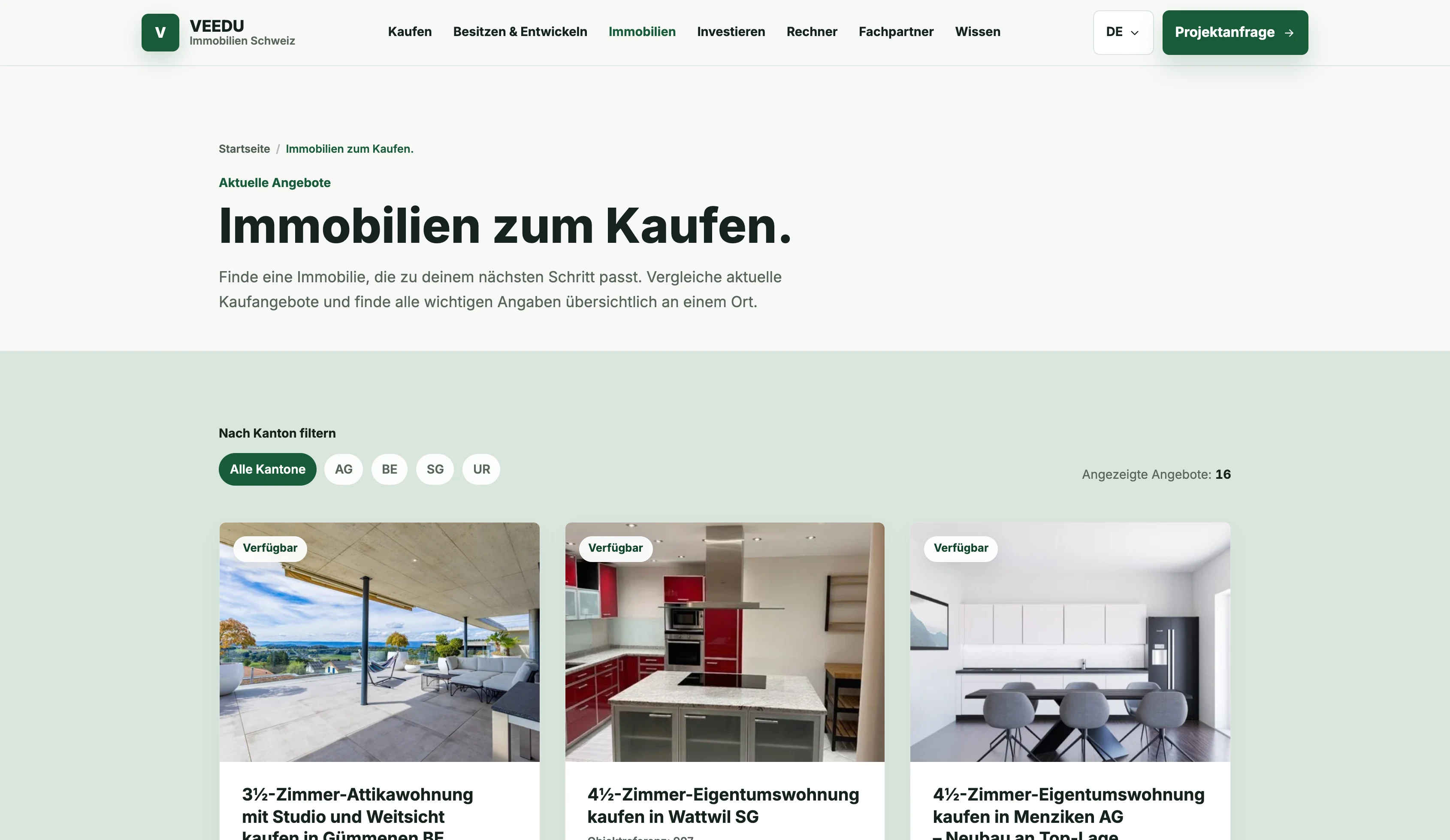 Filterbare Immobilienübersicht auf der VEEDU Website