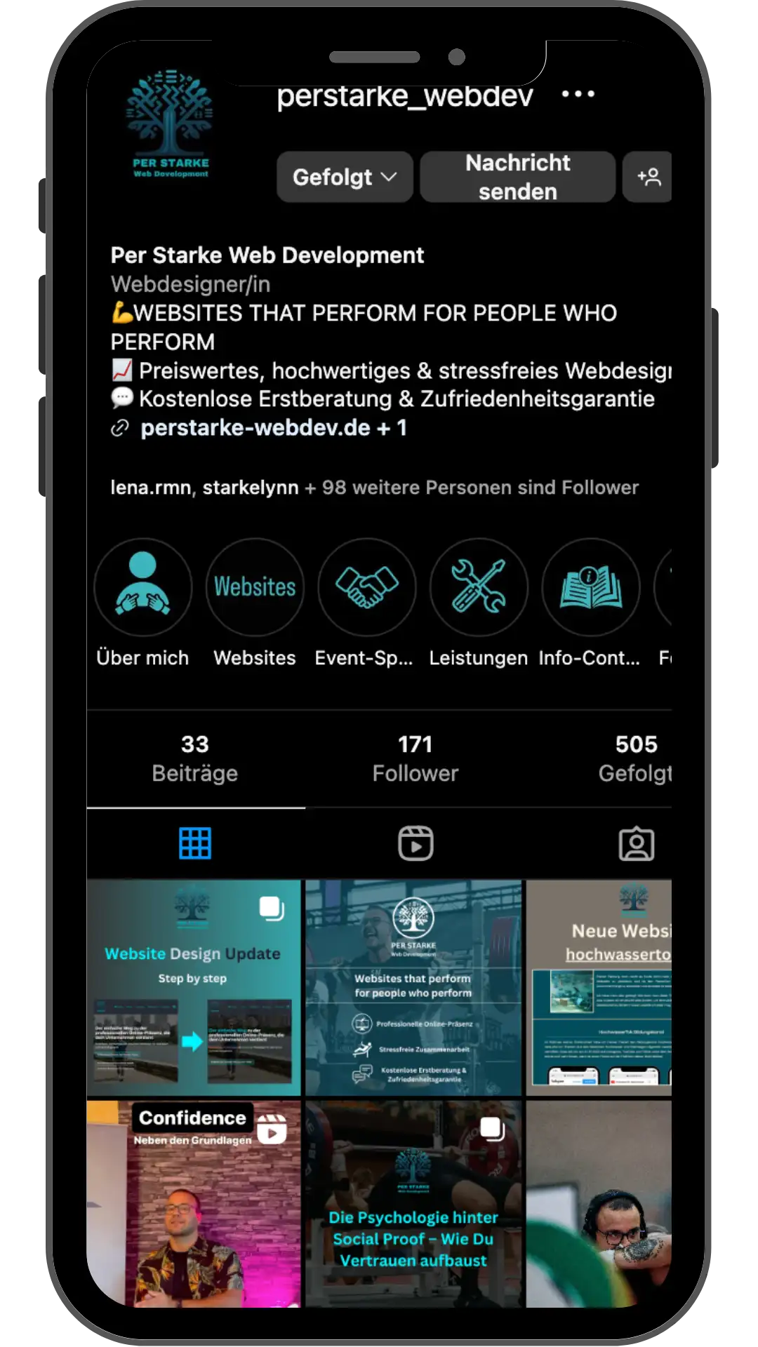 Screenshot: Per Starke Web Development auf Instagram, Mobile Ansicht