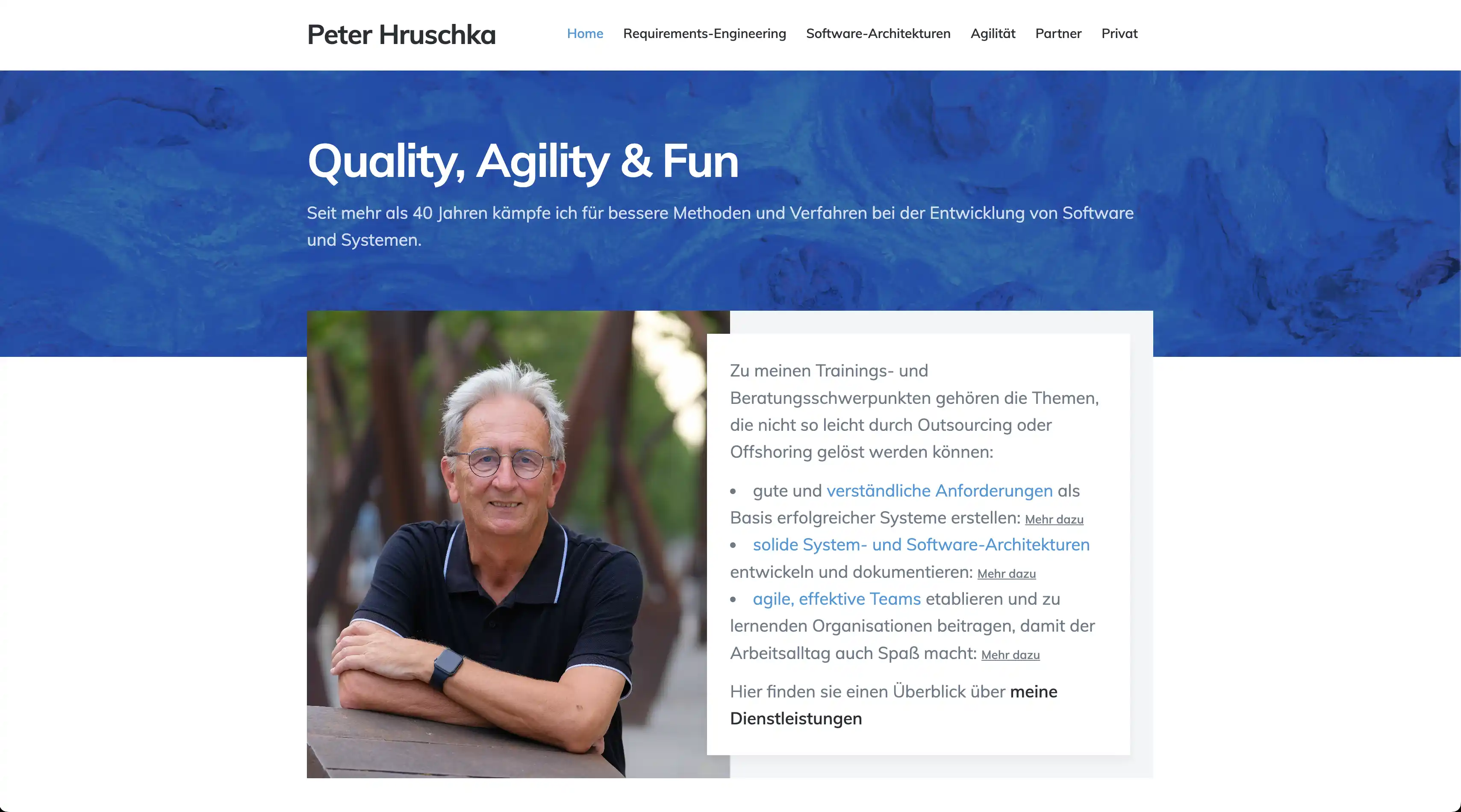 Website für Peter Hruschka, Quality, Agility & Fun, Spezialist für Software-Architektur, Requirements Engineering und agile Arbeitsmethoden im Software-Bereich